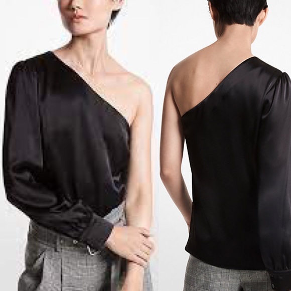 MICHAEL KORS ONE SHOULDER BLACK SATIN TOP SIZE 4 NEW - Picture 1 of 7